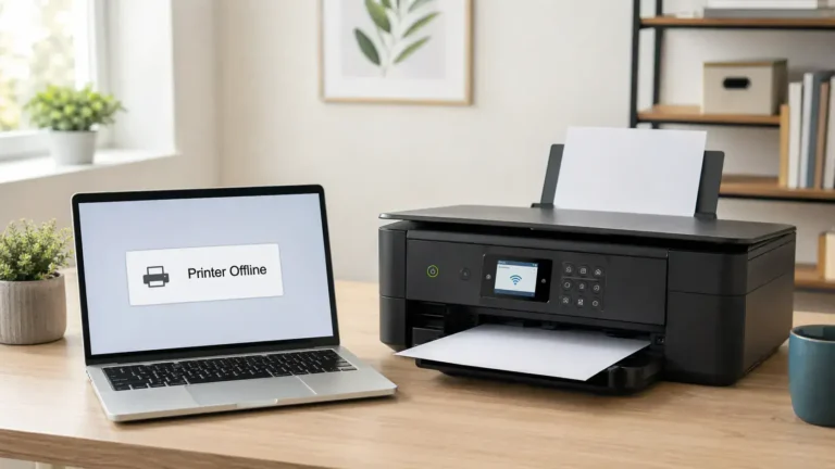 Epson printer offline shown on laptop in a home office setup