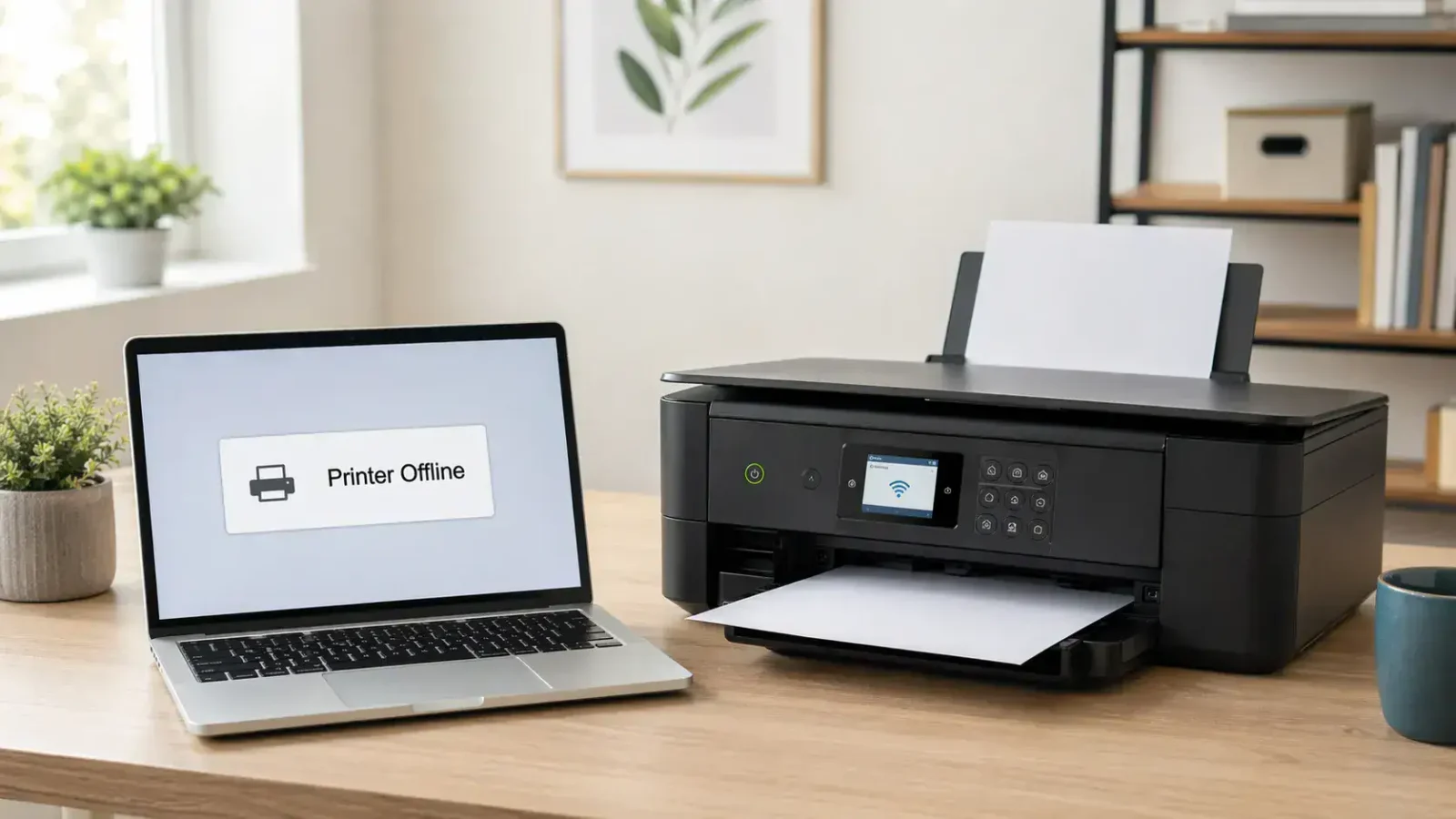 Epson printer offline shown on laptop in a home office setup